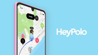 HeyPolo logo on blue background with phone displaying location map