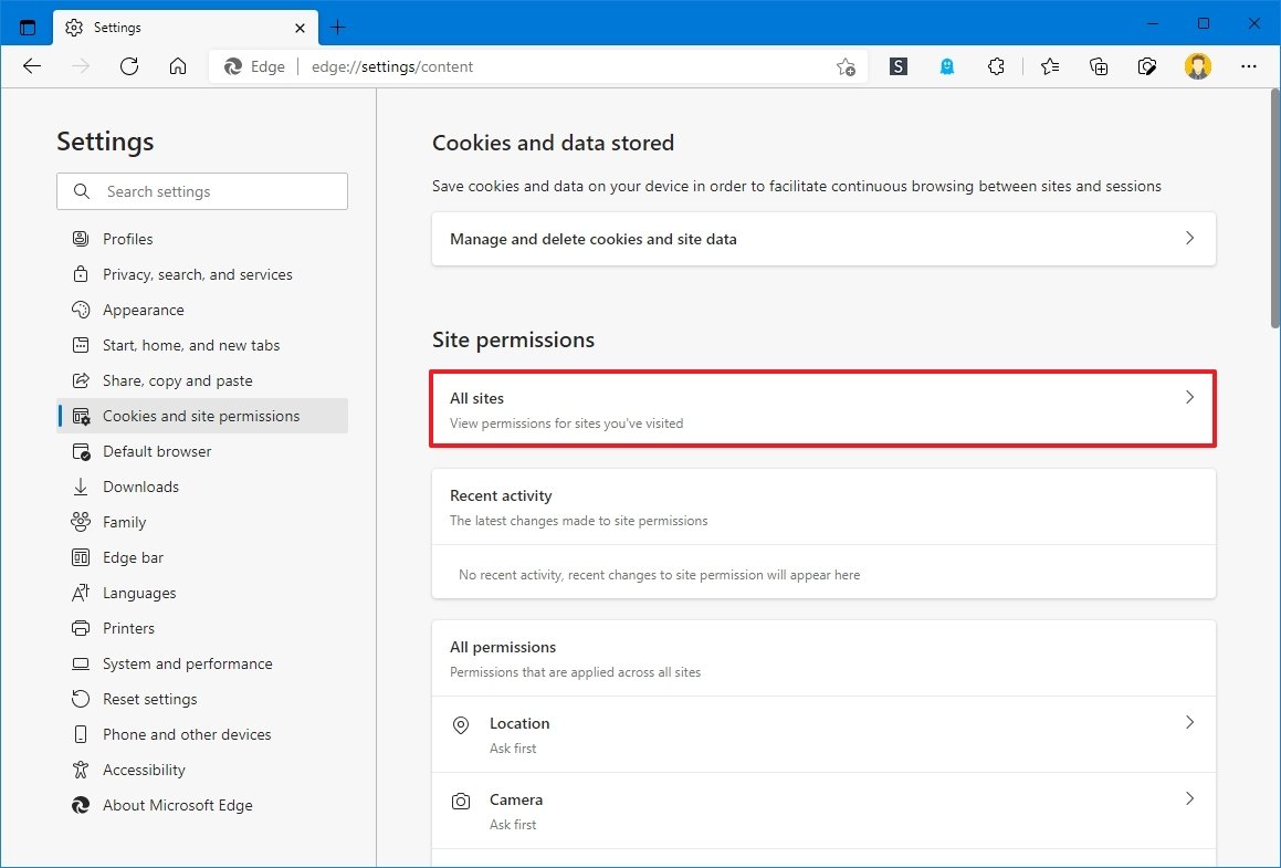 Microsoft Edge site permissions