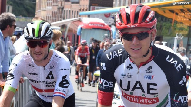 Steve Cummings (Team Dimension Data) and Ben Swift (UAE Team Emirates) wear the new MET Trenta 3K Carbon helmet