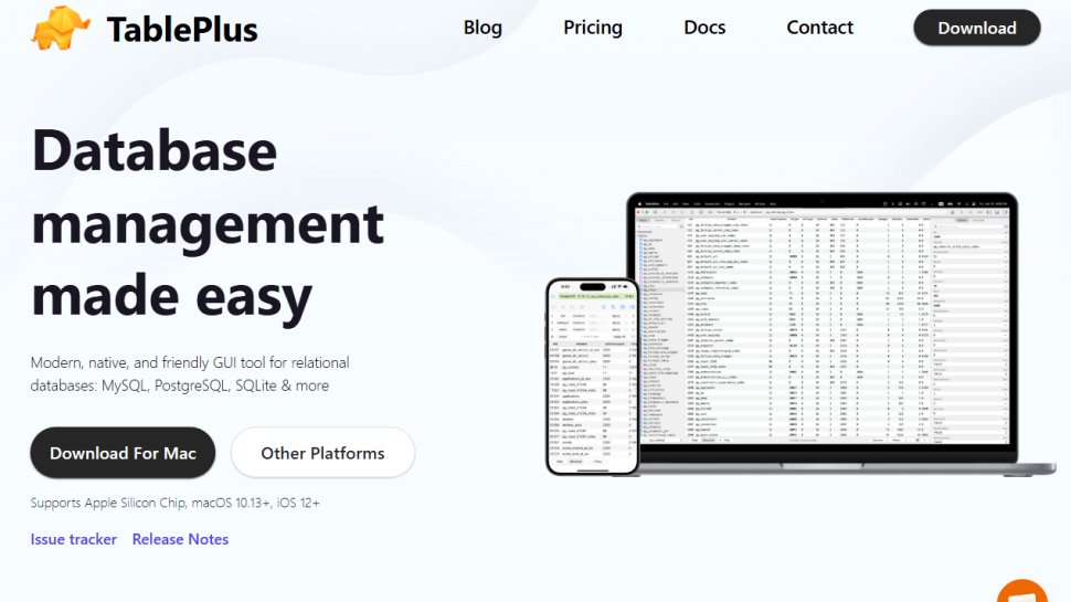 Website screenshot of TablePlus (February, 2026)