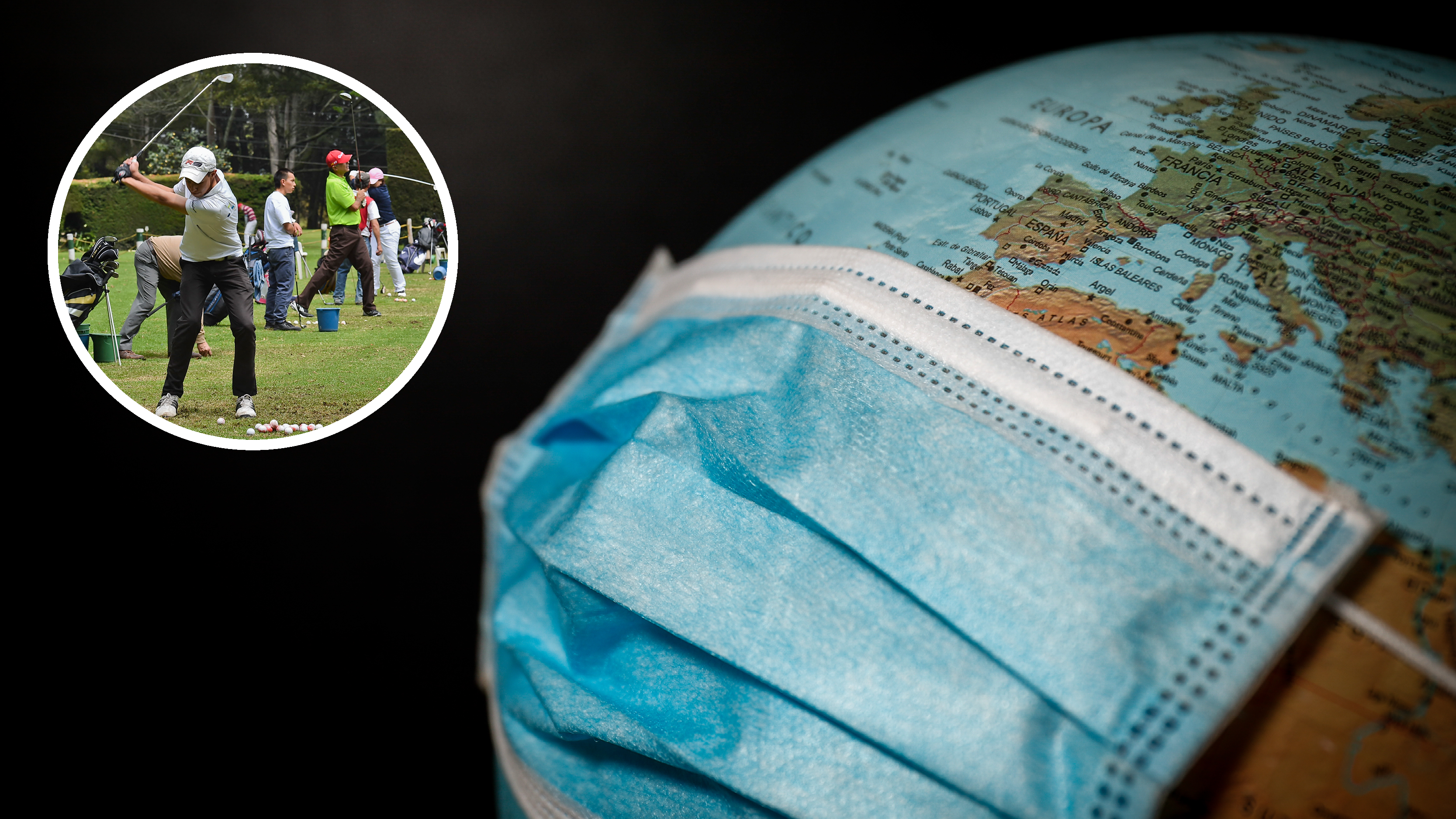 A mask on a globe, with a golfer hitting a shot