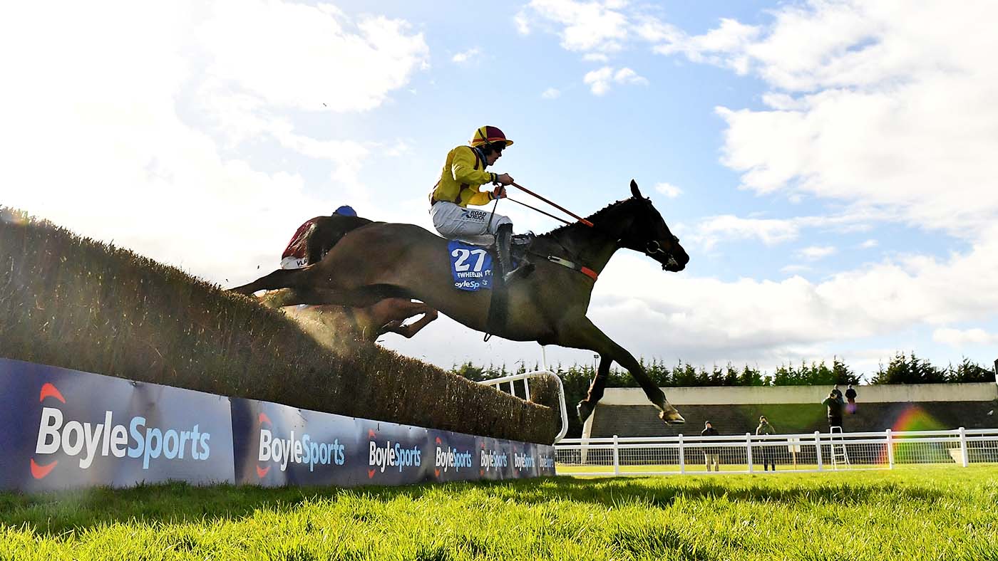 Meath , Ireland - 5 April 2021; Freewheelin Dylan, with Ricky Doyle up, jumps the last on their way to winning the BoyleSports Irish Grand National Steeplechase during day three of the Fairyhouse Easter Festival at the Fairyhouse Racecourse in Ratoath, Meath. (Photo By Harry Murphy/Sportsfile via Getty Images)