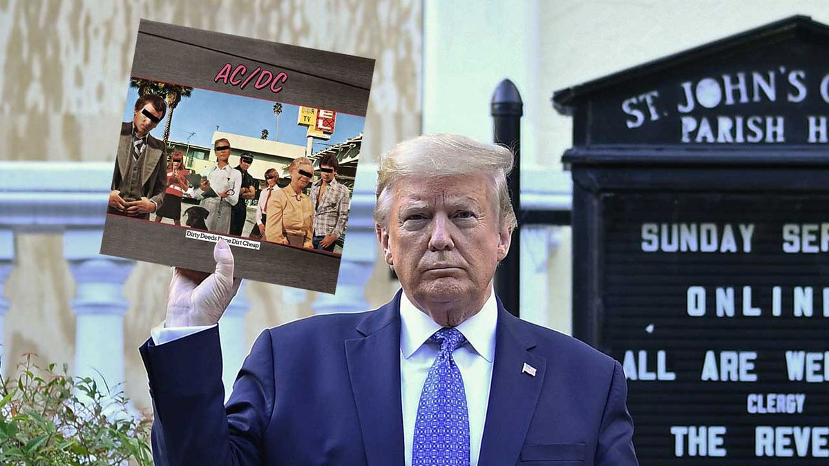 Donald Trump holding a copy of AC/DC&#039;s Dirty Deeds Done Dirt Cheap