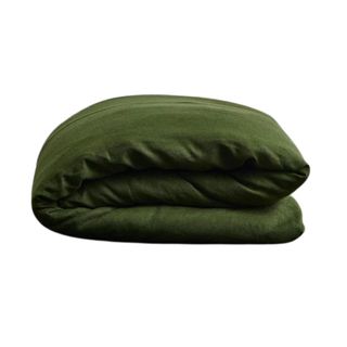 An olive-green folded linen duvet cover