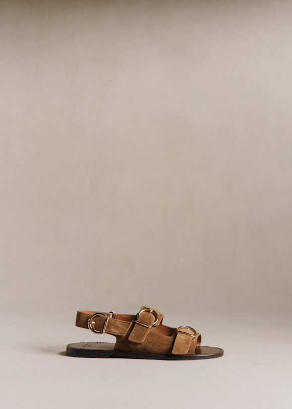 Maia Low Sandals - Taupe Khaki - Split Cowhide Leather - S&amp;eacute;zane