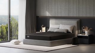 The best Eight Sleep mattress sales, discount codes and deals: image shows the Pod Pro on a grey fabric bed frame