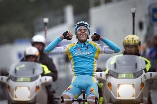 R&eacute;my Di Gr&eacute;gorio celebrates as he crosses the line