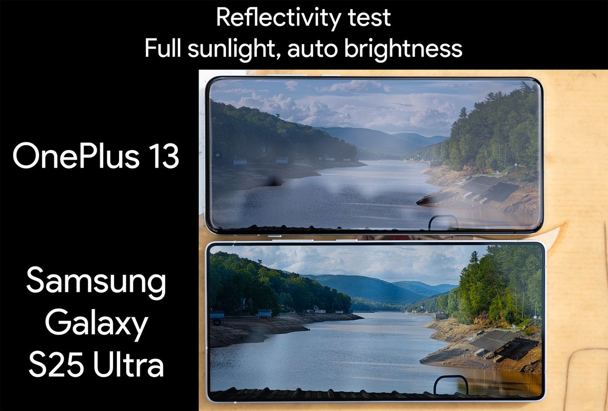 Testing screen reflectivity in full sunlight between the OnePlus 13 and Samsung Galaxy S25 Ultra