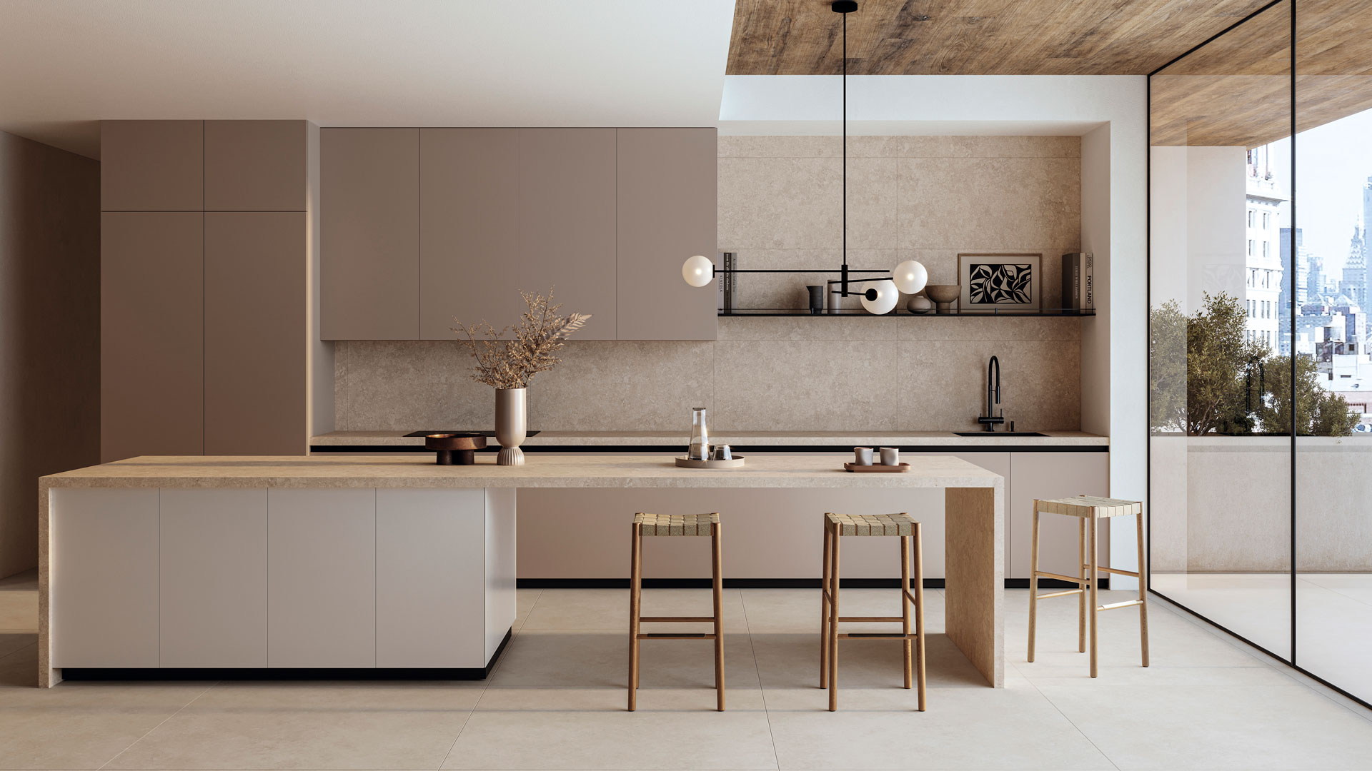 modern minimalist kitchen with large island and beige kitchen cabinets