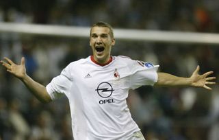 Andriy Shevchenko celebrates after scoring the winning penalty for AC Milan against Juventus in the 2003 Champions League final.