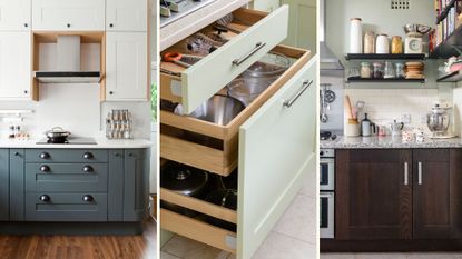 compilation image showing three different kitchens with drawers open and wall shelving to show how to organise a kitchen