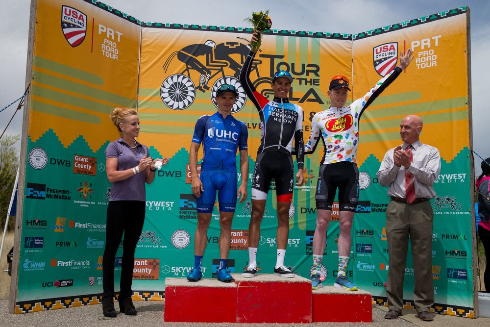 Jaramillo, Blevins and McGeough on the stage 2 podium at Tour of the Gila.
