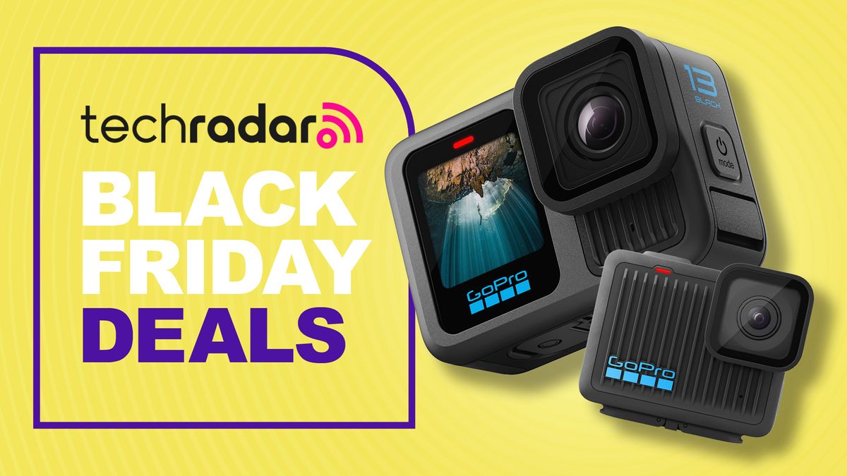 Two GoPro cameras on a yellow background with Black Friday deals text overlay