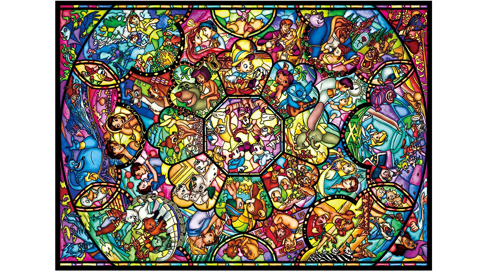 Multiple Disney characters depicted in stained-glass style jigsaw puzzle