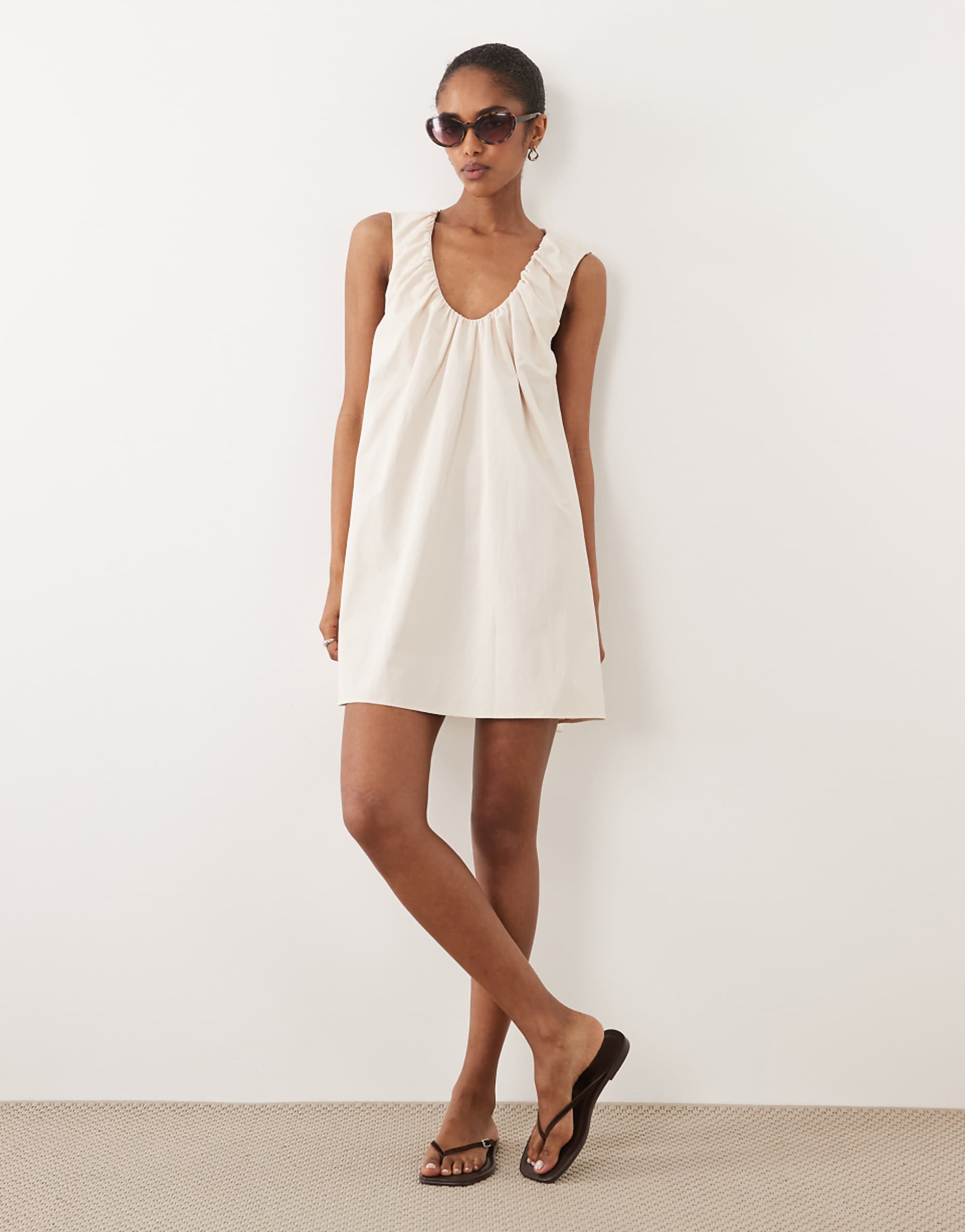 Asos Design Ruched Plunge Barrel Mini Dress in Stone