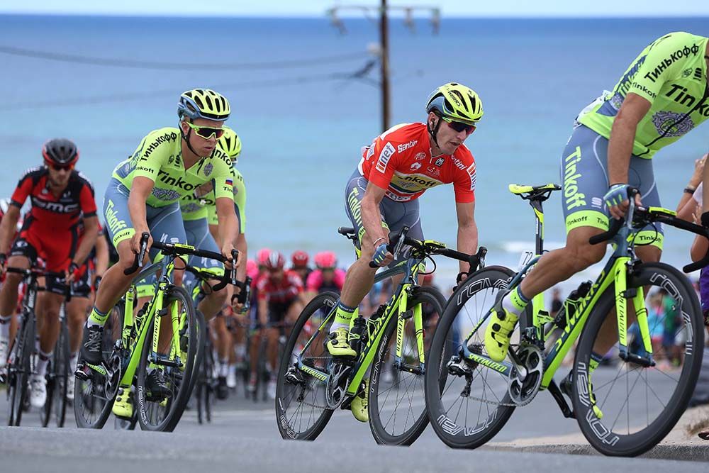 Jay McCarthy (Tinkoff) in the red jersey