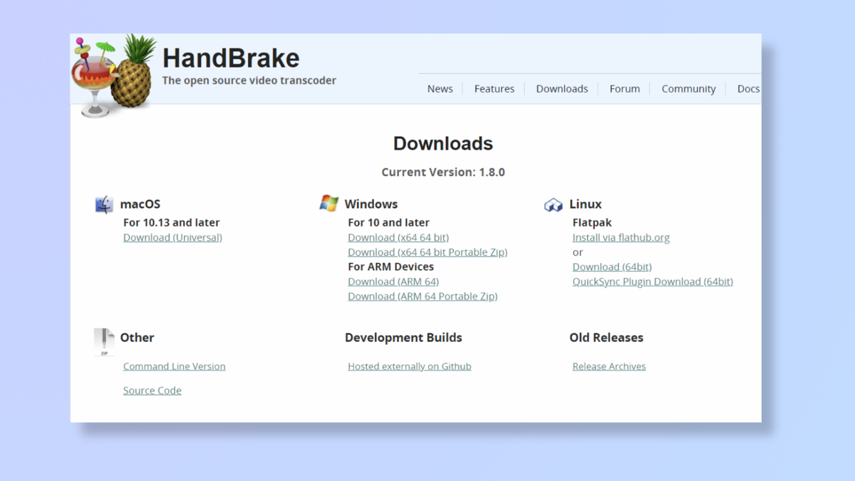 A screenshot of the HandBrake tool&#039;s download page. 