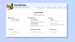 A screenshot of the HandBrake tool&#039;s download page. 