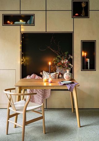 ply wood storage and dining nook