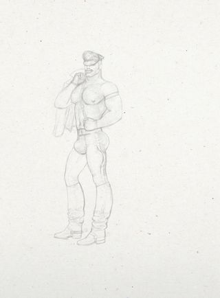 Artist pencil sketch of a topless muscular male, leather cap, long boots, tight trousers, draping jacket over his shoulder