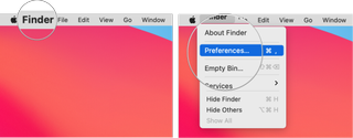 Show iPhone in Finder showing how to click Finder, then click Preferences"