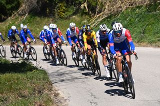 SAN BENEDETTO DEL TRONTO ITALY MARCH 13 Antoine Duchesne of Canada and Team Groupama FDJ leads The Peloton during the 57th TirrenoAdriatico 2022 Stage 7 a 159km stage from San Benedetto del Tronto to San Benedetto del Tronto TirrenoAdriatico WorldTour on March 13 2022 in San Benedetto del Tronto Italy Photo by Tim de WaeleGetty Images