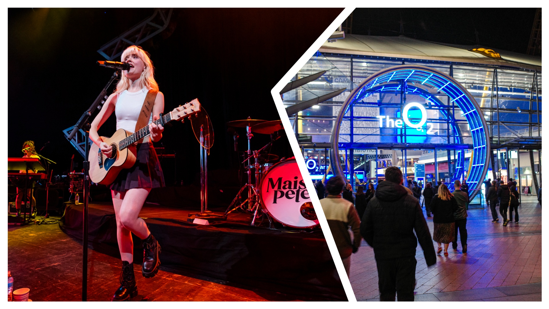 Maisie Peters performing and an image of the O2