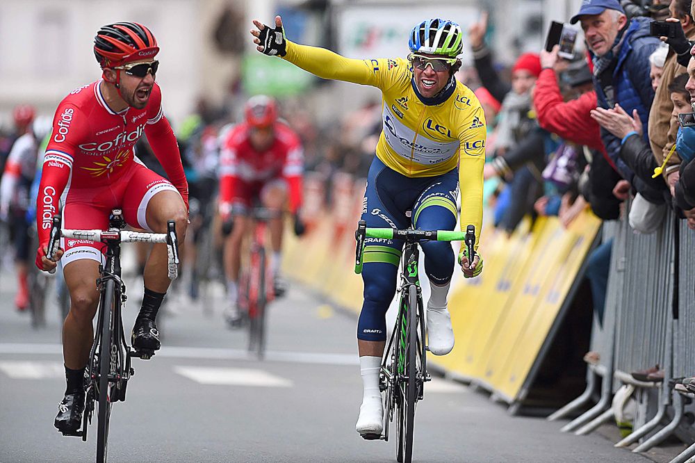 Nacer Bouhanni and Michael Matthews react after the contentious stage 2 sprint at Paris-Nice