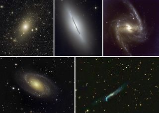A sampling of galaxy forms. Clockwise from upper left: Messier 87 "Virgo A" (elliptical), Messier 102 "Spindle" (lenticular), NGC 1365 (barred spiral), NGC 4656 "the Crowbar" (irregular) and Messier 81 "Bode's Nebula" (spiral). All except NGC 1365 are visible on spring evenings from midnorthern latitudes.