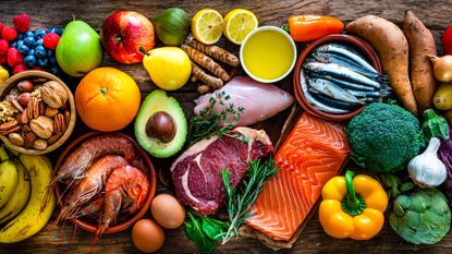 A mixture of food laid out on a surface.