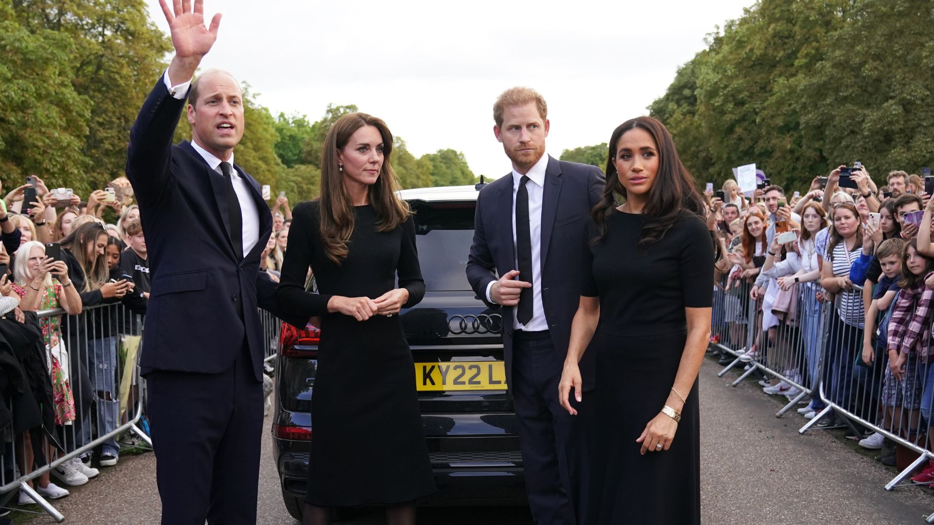 Prince William, Kate Middleton, Prince Harry and Meghan Markle meet members of the public at Windsor Castle following the funeral of Queen Elizabeth II