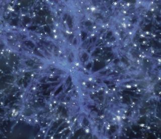 A network of filaments connect galactic hotspots across the universe, viewed on a scale encompassing 10^26 meters.