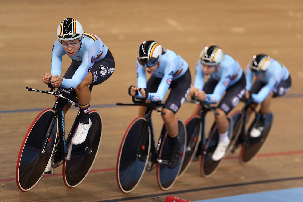 Annelies Dom of Belgium leads her team mates in the first round of the Women's Team Pursuit on day one of the 2018 TISSOT UCI Track Cycling World Cup