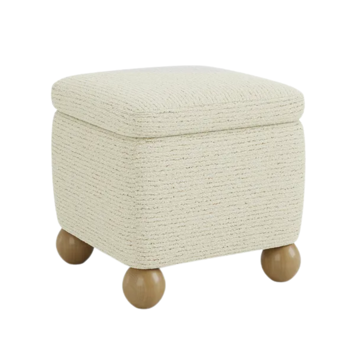 A beige storage ottoman with bobbin legs