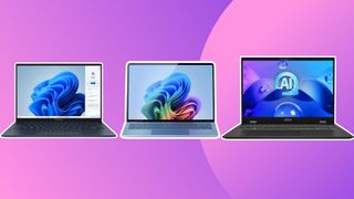 Three of the best AI laptops on a purple background