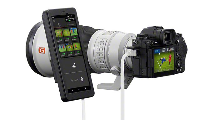 Sony PDT-FP1 connected to a camera via a wire on a stock white background