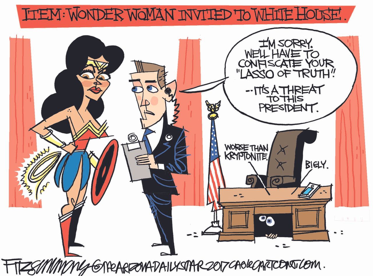 Political cartoon U.S. Wonder Woman truth Trump lies