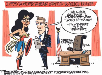 Political cartoon U.S. Wonder Woman truth Trump lies