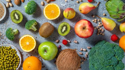 A collection of high-fibre foods suitable for fibremaxxing, including seeds, nuts, and fruits