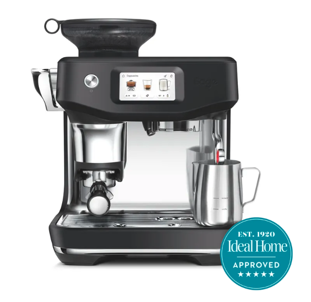 The Sage Barista Touch machine with a milk frother jug on the right hand side