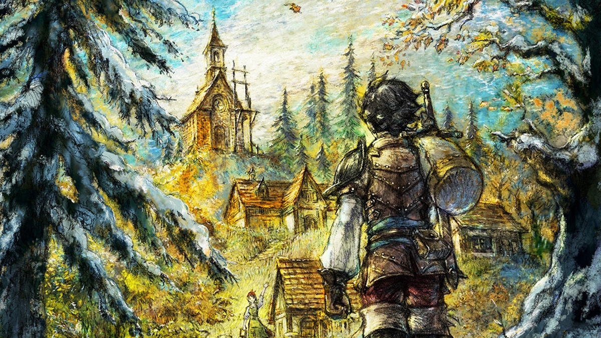 Octopath Traveler 0 key art in painterly style with a man looking at a town and someone waving in background