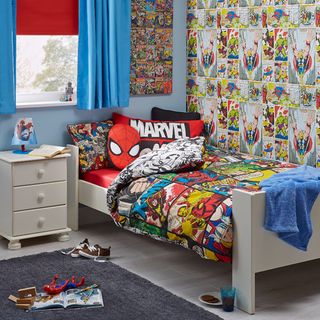 kids bedroom with superhero theme