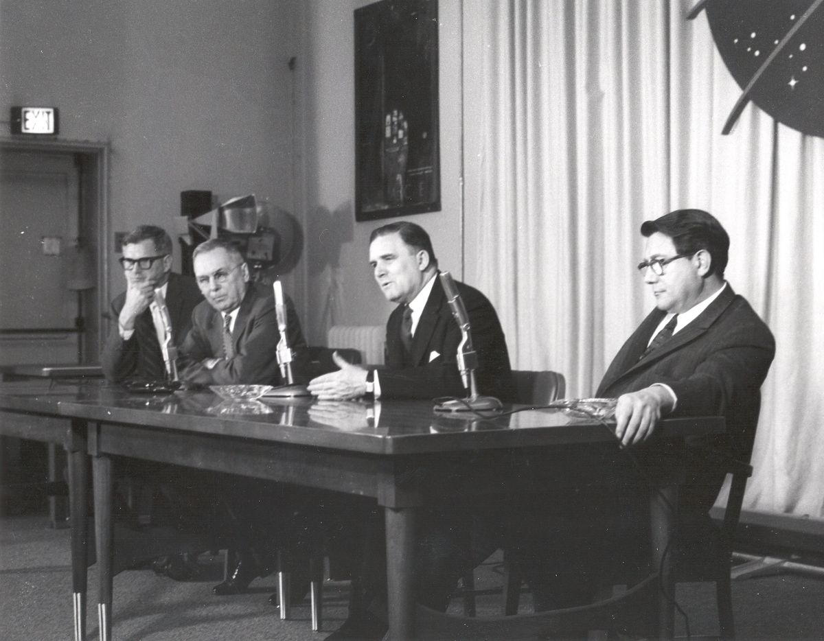 After the successful spaceflight of Yuri Gagarin, the first person to fly in space, as well as orbit Earth, on April 12, 1961 NASA held a press conference at NASA Headquarters in Washington, DC to respond to questions concerning Gagarin's flight and the status of the American space program. From left to right: Dr. Robert C. Seamans Jr., Associate Administrator; Dr. Hugh L. Dryden, Deputy Administrator; Mr. James E. Webb, Administrator; and Dr. Abe Silverstein, Director of Space Flight Programs.
