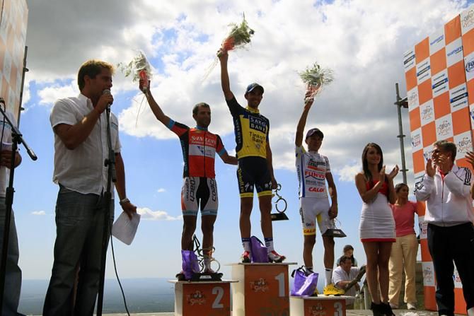 The stage 6 podium on Mirador del Sol (L-R): Daniel Diaz, 2nd; Alberto Contador, 1st; Alex Diniz, 3rd