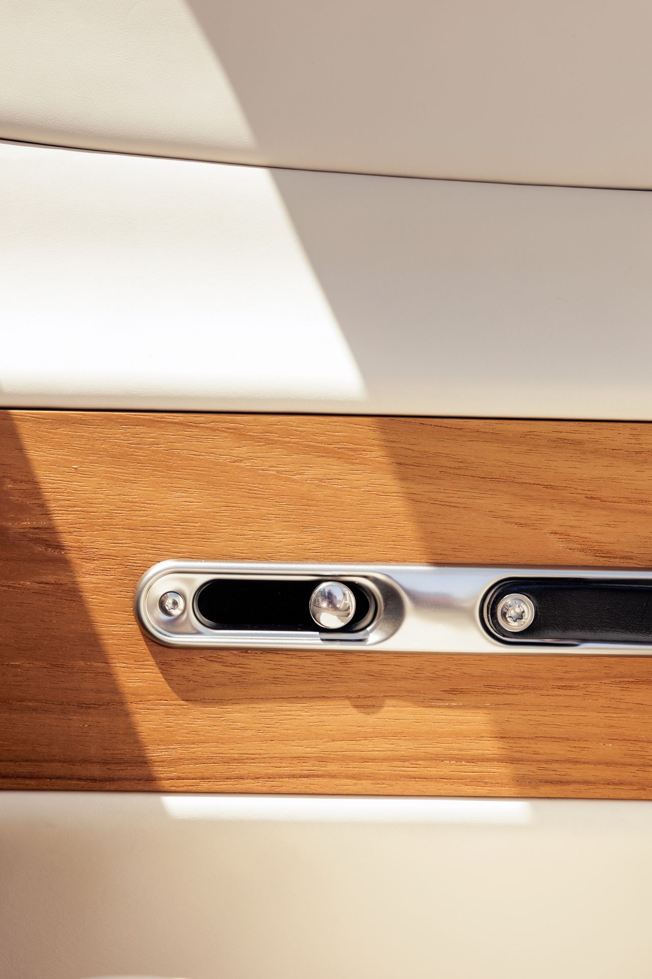 Details of Car 0's teak, aluminium and leather interior trim