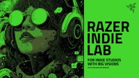 A stylized green and black illustration of a person wearing round glasses and headphones, next to the text Razer Indie Lab for indie studios.
