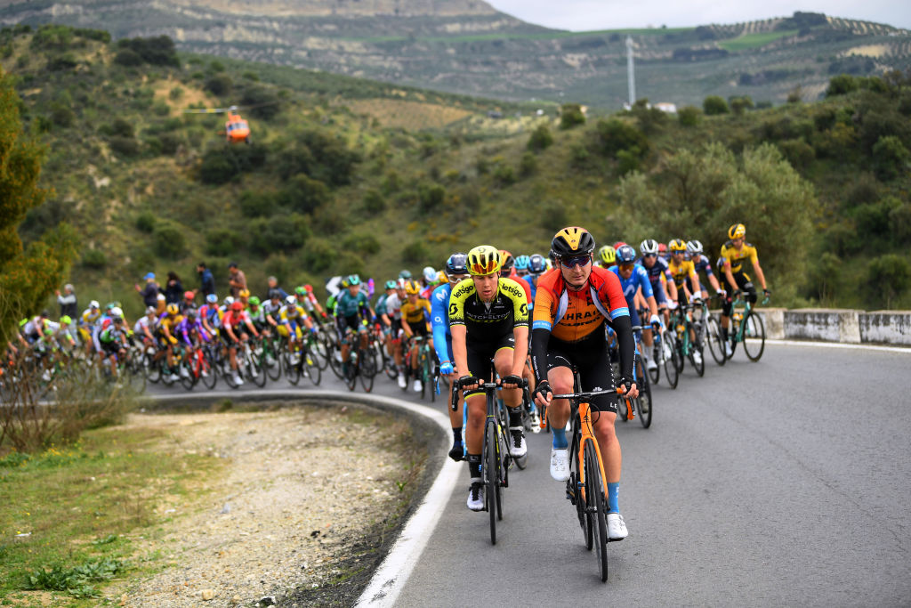 GRAZALEMA SPAIN FEBRUARY 19 Alexander Konychev of Italy and Team MitcheltonScott Mark Padun of Ukraine Team Bahrain McLaren Peloton during the 66th Vuelta a Andaluca Ruta del Sol 2020 Stage 1 a 1738km stage from Alhaurn de la Torre to Grazalema 911m VCANDALUCIA UCIProSeries on February 19 2020 in Grazalema Spain Photo by David RamosGetty Images