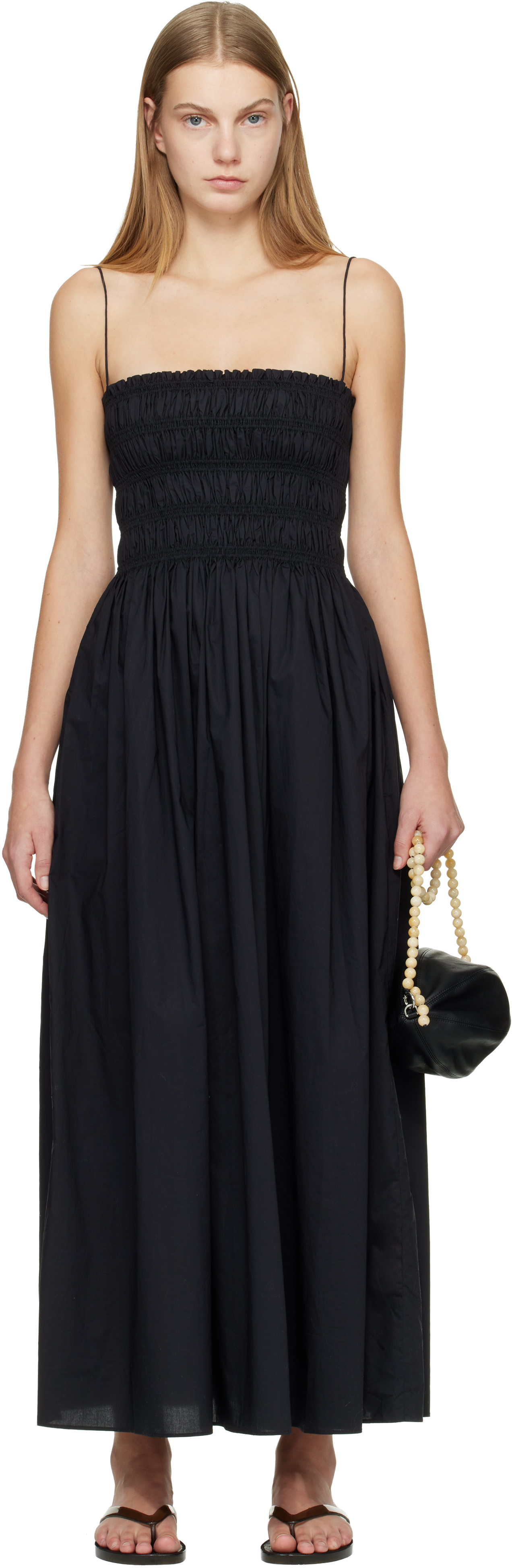 Black Shirred Bodice Midi Dress