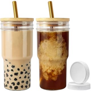 4 Sets of 24 oz Large-Capacity Glass Cups With Bamboo Lid and Straw,Reusable  Boba Cup Smoothie Cup Iced Coffee Cups Glass Tumbler with Straw and Lid,Perfect  for Bubble Tea,Juice,Gift