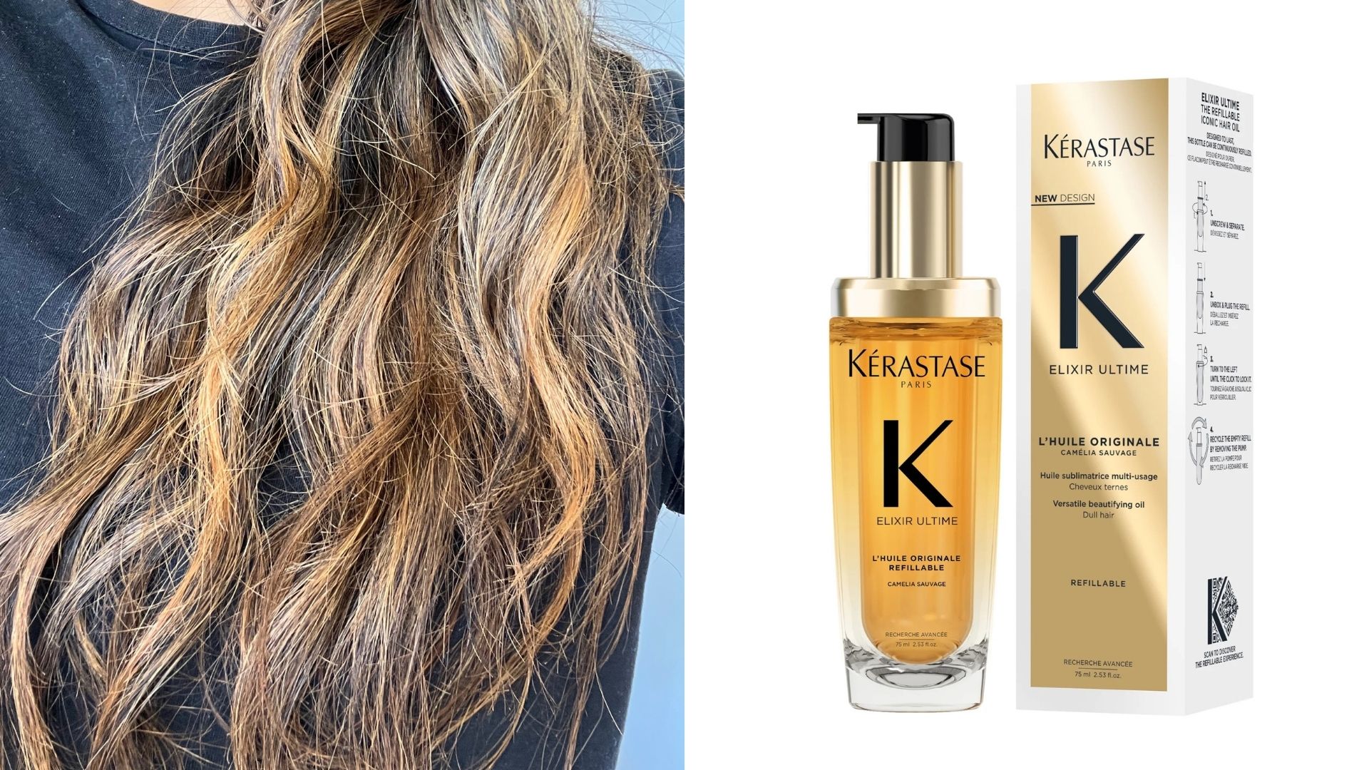 Aleesha's hair after using the Kérastase Elixir Ultime Hair Oil L'Huile Originale, next to a shot of the product